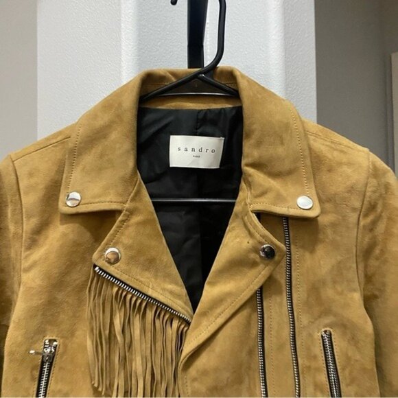 Sandro Suede Leather Western Tan Beige Fringe Jacket Moto Motorcycle Size XS - Picture 2 of 8